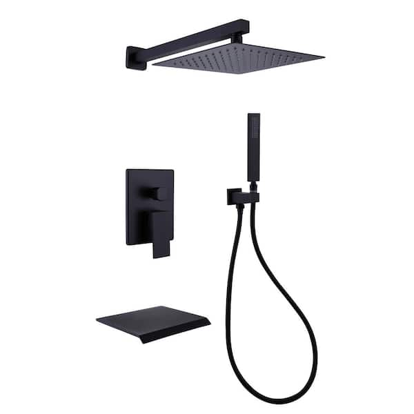 Inner Decor Aah Single-Handle 3-Spray Square 10 in. Shower Head with Waterfall Faucet in Matte Black (Valve Included)