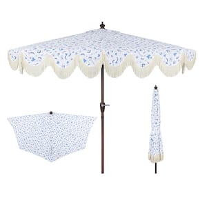 Beverly 9 ft. Designer Scalloped Fringe Half Market Patio Umbrella with Crank and Push Button Tilt in Blue/White/Cream