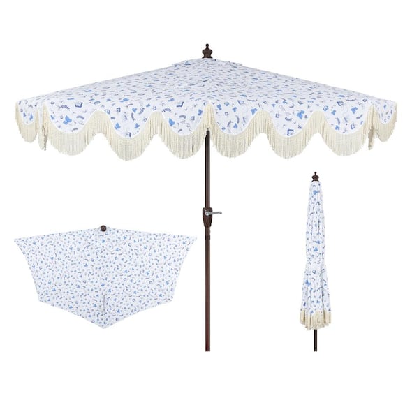 JONATHAN Y Beverly 9 ft. Designer Scalloped Fringe Half Market Patio Umbrella with Crank and Push Button Tilt in Blue/White/Cream