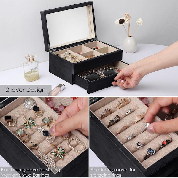 Black 2 Layer Rectangular Rustic Wooden Jewelry Box with Mirror