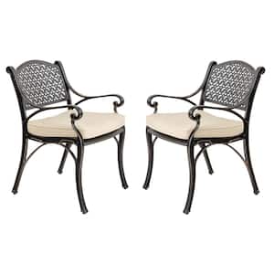 Horden Cast Aluminum Outdoor Patio Dining Metal Chairs, Set of 2 with Lattice Weave Design in Brown with Beige Cushions