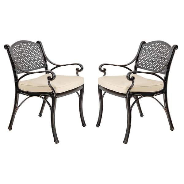 Kinger Home Horden Cast Aluminum Outdoor Patio Dining Metal Chairs, Set of 2 with Lattice Weave Design in Brown with Beige Cushions
