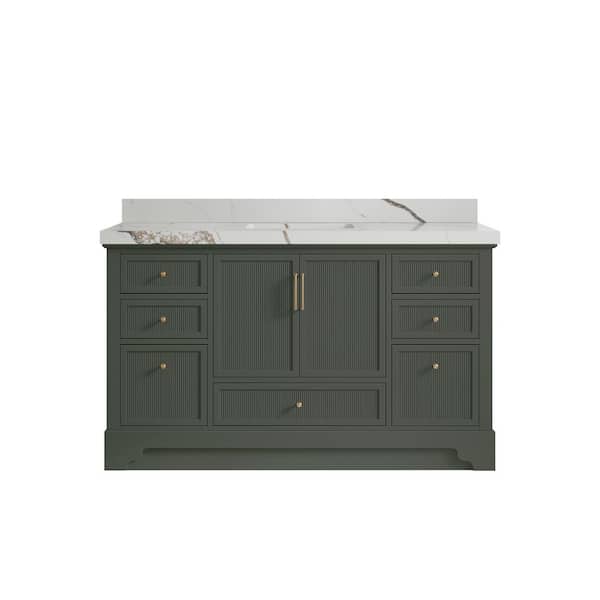 Willow Collections Alys 60 in. W x 22 in. D x 36 in. H Single Sink Bath Vanity in Pewter Green with 2 in. Calcutta Gold Qt. Top