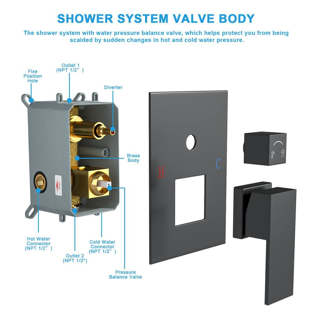 Large Black Matte Dual Square Ceiling Rainfall Shower System