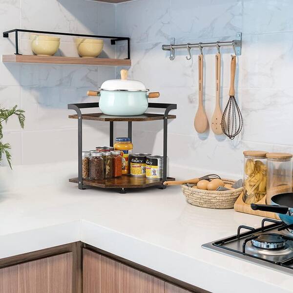 Oumilen 2 Tier Wood Corner Organizer Shelf Standing Dishes Pot Storage Organizer Rack NX RTM10 B1 The Home Depot