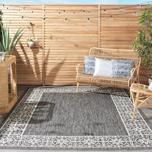 Garden Party Ivory/Charcoal 5 ft. x 7 ft. Oriental Transitional Indoor/Outdoor Area Rug
