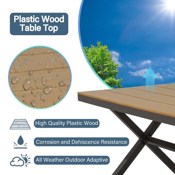 Brown Plastic Wood Outdoor Dining Table Accent Side Table with Imitation Wood Grain Pattern