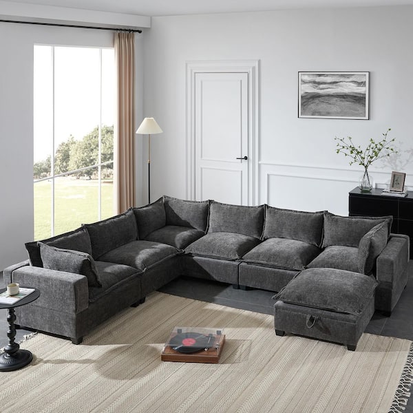 118 in. Modular U Shaped Chenille Free Combination 7 Seat Sectional Sofa in Gray with Movable Storage Ottoman