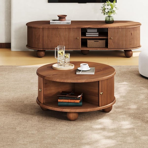 新品！Apero Wood Table LOWタイプ ブラウン 大幅再値引き！ Polibi 31.8 in. Walnut Round Pine Wood Coffee Table with Storage