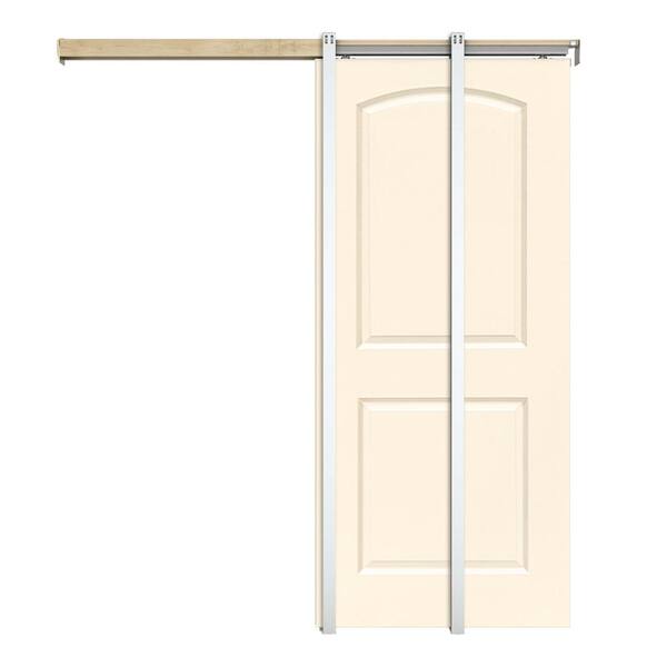 CALHOME 36 in. x 80 in. Beige Painted Composite MDF 2Panel Round Top Sliding Door with Pocket Door Frame and Hardware Kit