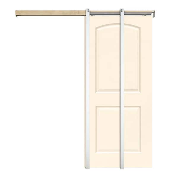CALHOME 36 in. x 80 in. Beige Painted Composite MDF 2Panel Round Top Sliding Door with Pocket Door Frame and Hardware Kit