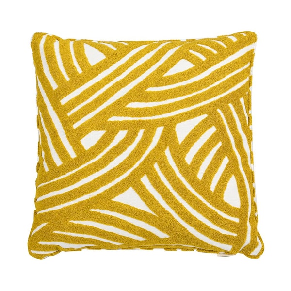 Jennifer Taylor La Broderie 20 in. Square Embroidered Throw Pillow and Feather Down Insert in Brushstroke Yellow Embroidery