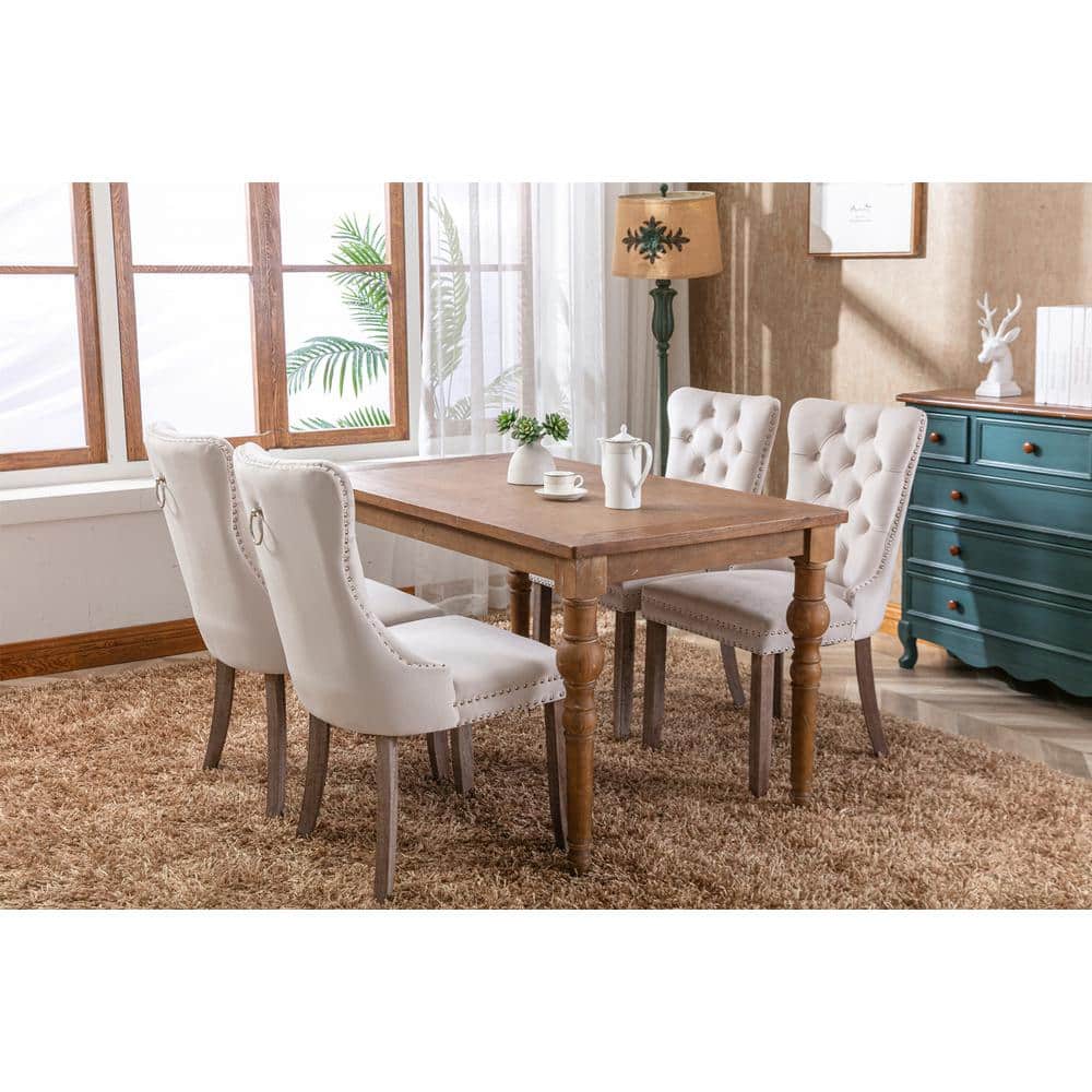 Beige Velvet Upholstered High Back Side Chairs with Wood Legs
