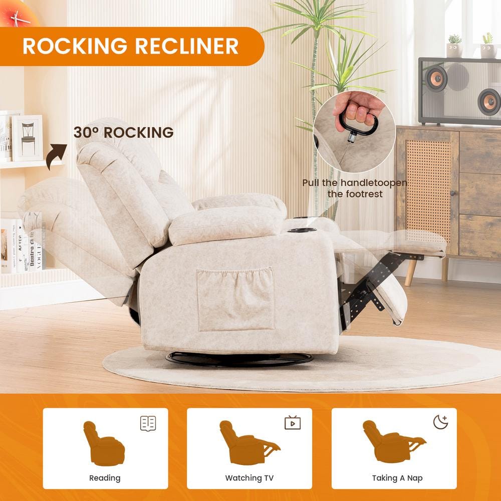 Cream White Fabric Swivel Recliner with Massage and Heat