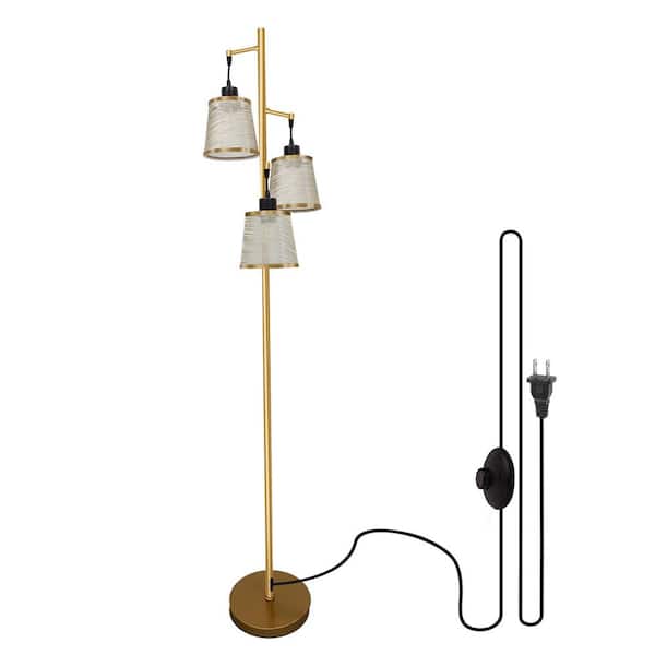 63 in. 3-Light Modern Gold Standing Tall Tree Floor Lamp for Living Room With Acrylic Drum Shade And 3 Bulbs Included