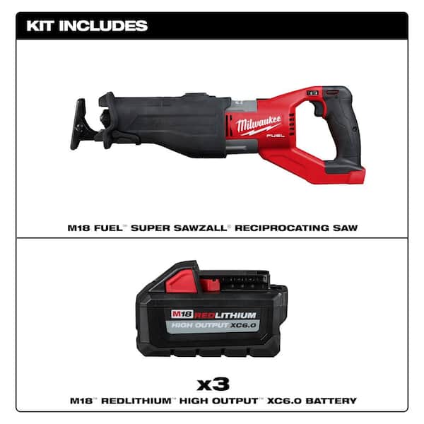M18 FUEL 18V Lith-Ion Brushless Cordless Super SAWZALL Reciprocating Saw w/(3) High Output Battery Pack 6.0Ah