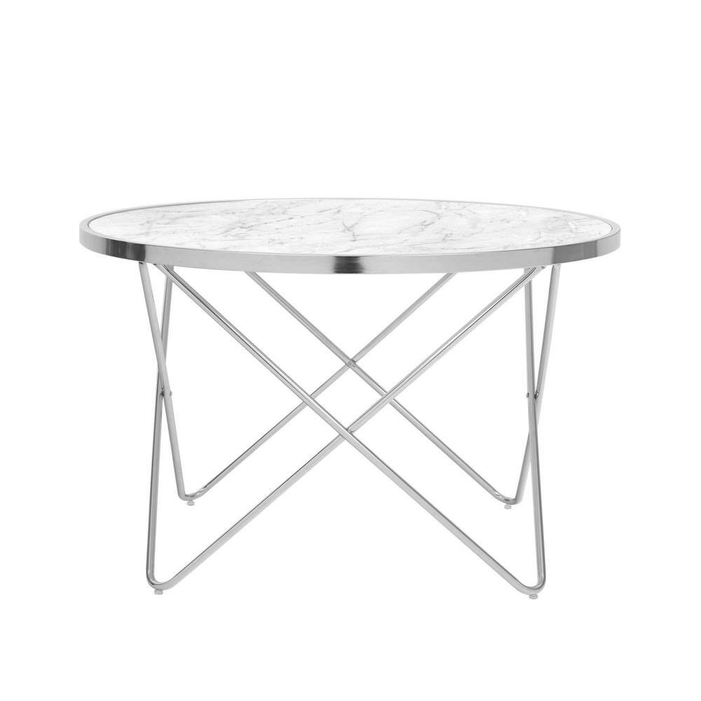 Small Round White Faux Marble Coffee Table with Silver Hairpin Legs