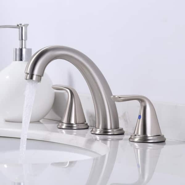 8 in. Widespread Double Handle High Arc Bathroom Faucet with Pop Up Drain Kit and Supply Lines in Brushed Nickel
