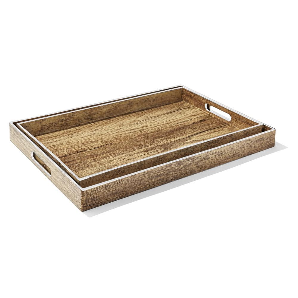 Poplar Finish Serving Tray with White Rim and Handles