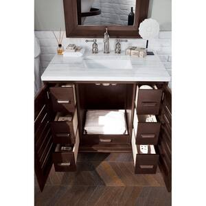 Portland 36 in. Single Vanity in Burnished Mahogany with Solid Surface Vanity Top in Arctic Fall with White Basin
