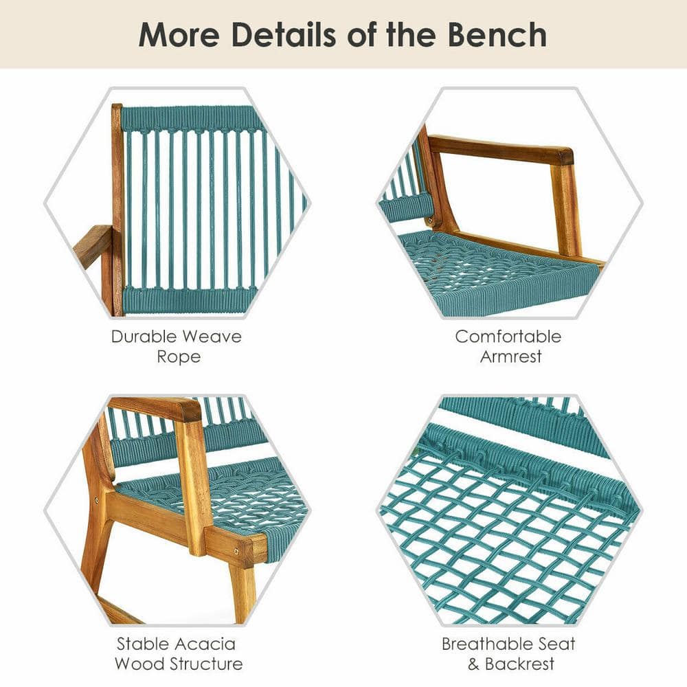 Turquoise Acacia Wood and Rope 2-Person Outdoor Bench