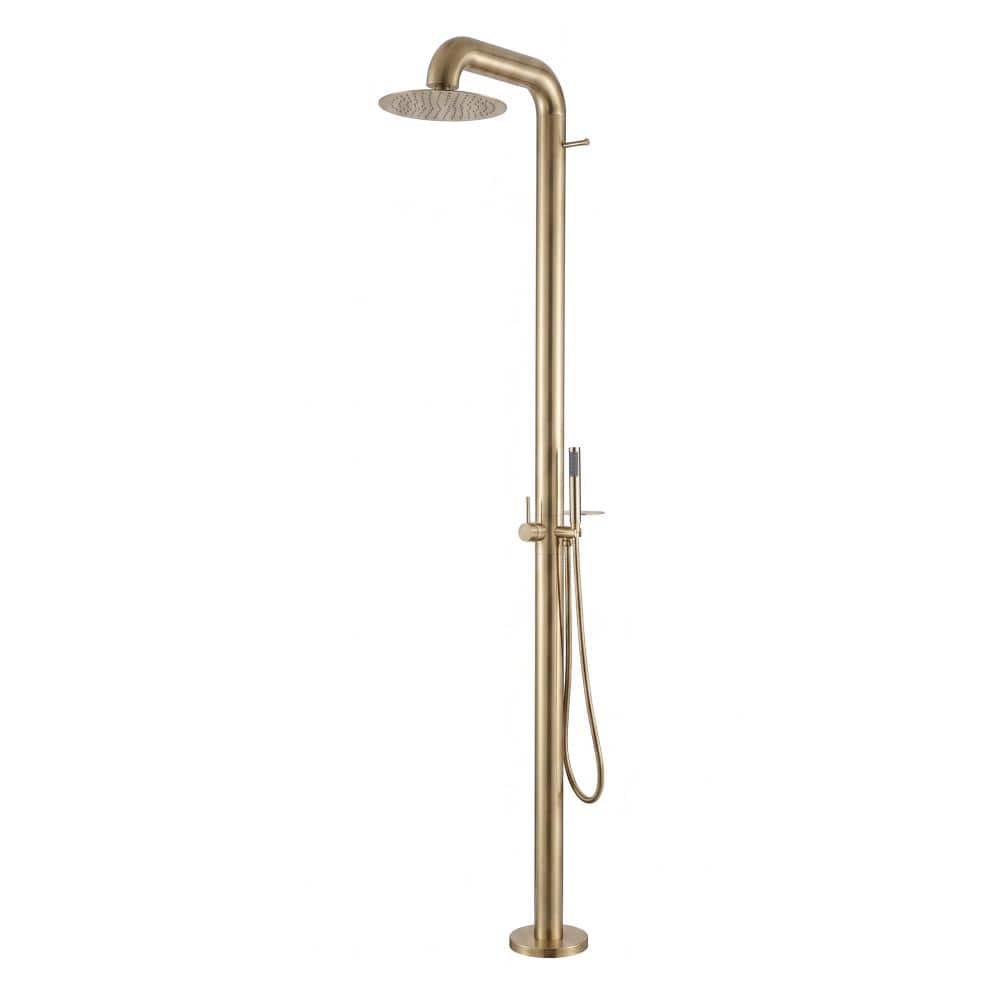 Outdoor Exposed 1-Handle 2-Spray Freestanding Shower Faucet 2 GPM Floor Mount Shower Kit with Hand Shower, Brushed Gold price history on PriceWatchPro
