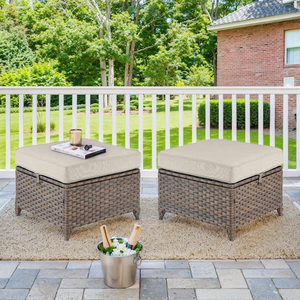 Gymojoy Frazee Brown Wicker 2-Piece Outdoor Ottoman Steel Frame Patio Footstools with Beige Cushion