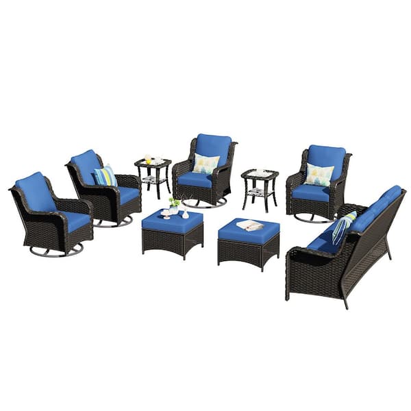 Janus Brown 9-Piece Wicker Patio Conversation Seating Set with Navy Blue Cushions and Swivel Chairs