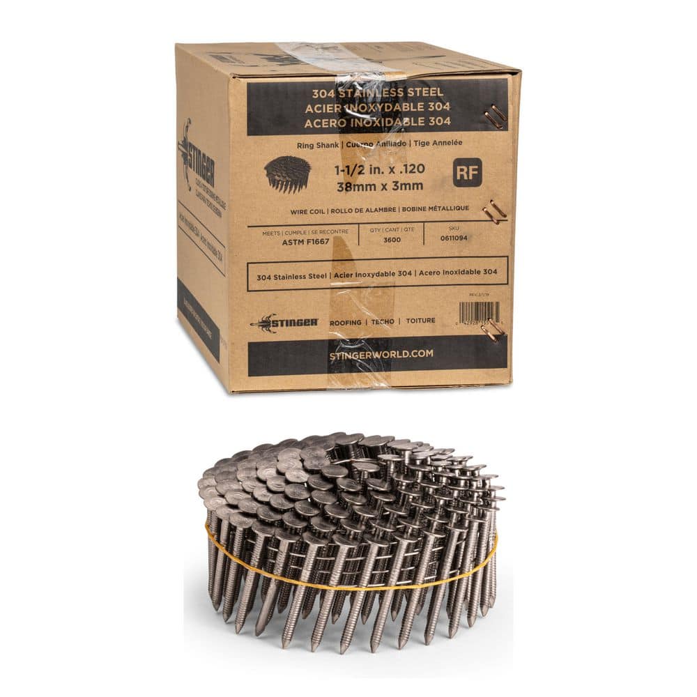1-1/2 in. x 0.120-Gauge 15° Ring Shank 304 Stainless Steel Wire Coil Collated Roofing Nails (3600-Pack) price history on PriceWatchPro