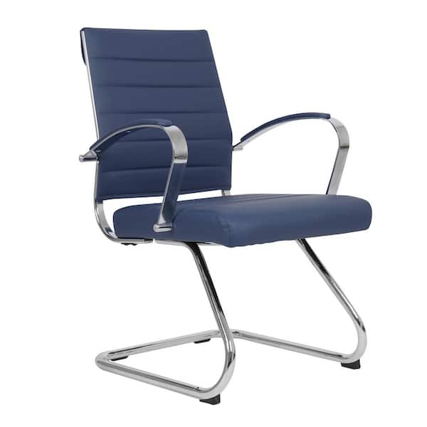 Leisuremod Benmar Office Chair Upholstered in Leather with Stainless Steel Sled Base in Navy Blue