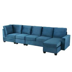 138 in. W Square Arm Free Combination Soft Velvet Modern L Shape Sectional Sofa in Navy with USB Charging Ports