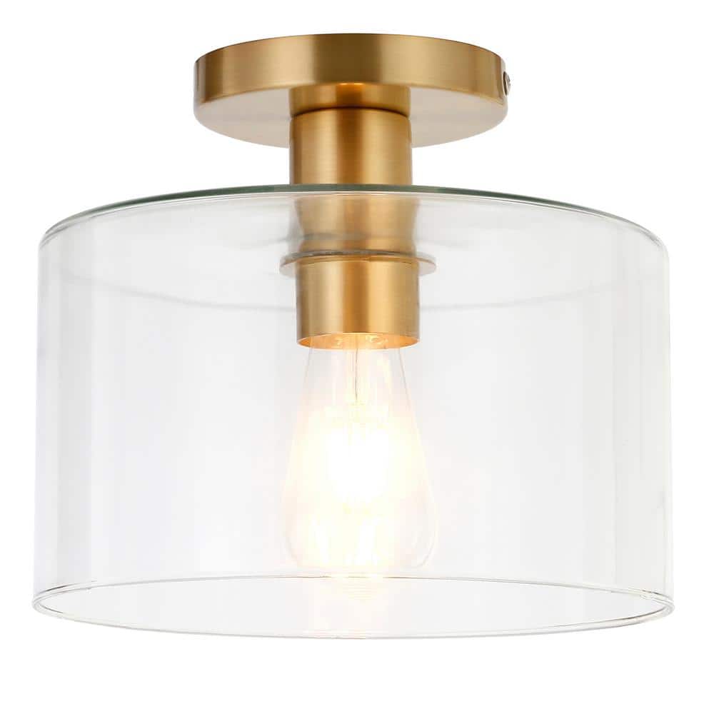 Henri 10" Brass Transitional Semi-Flush Mount with Clear Glass Drum Shade