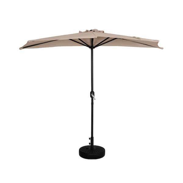 Fiji 9 ft. Beige Half Round Outdoor Patio Market Umbrella with Easy Crank Lift and Fillable Black Round Base