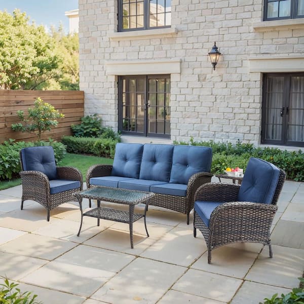 SleekArm 5-Piece Brown Wicker Patio Conversation Set with Olefin Blue Cushion/3-Seat Sofa with Outdoor Lounge Chairs