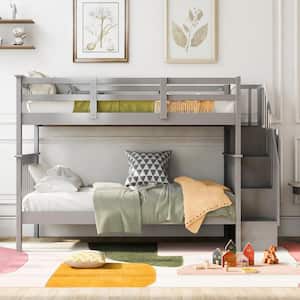 Gray Twin Bunk Bed with Stairway, Wooden Bunk Beds with Storage Shelf and Guard Rail, Wood Kids Bunk Bed Frame