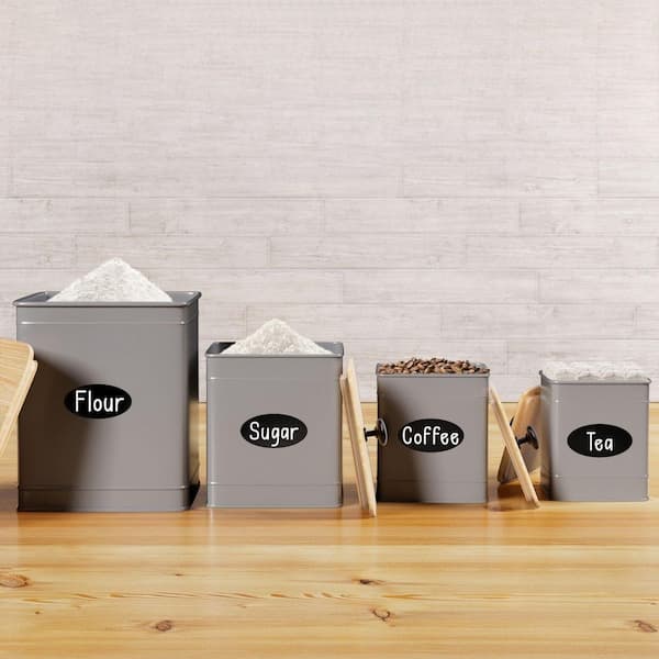 4-Piece Iron Kitchen Canister Set, Airtight Containers with Bamboo Lids and Chalkboard Labels, for Flour, Suga, in Gray