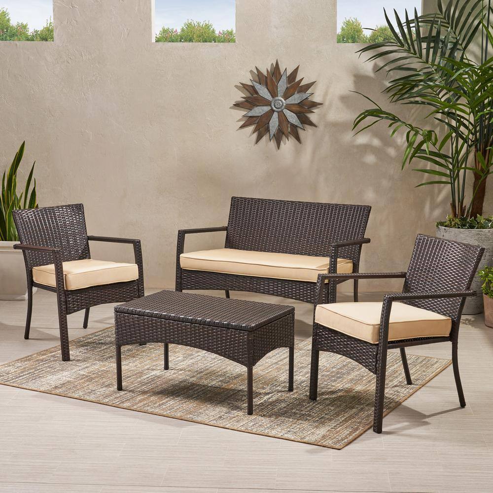 Tenleaf 4-Piece Brown Wicker Patio Conversation Set with Beige Cushions ...
