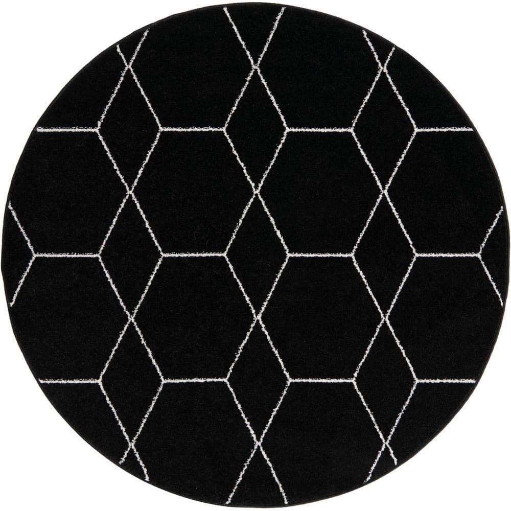 5' Round Black and Ivory Trellis Synthetic Area Rug