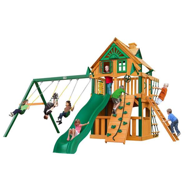 Gorilla Playsets Chateau Clubhouse Treehouse Wooden Swing Set with Fort Add-On, Timber Shield Posts and Slide