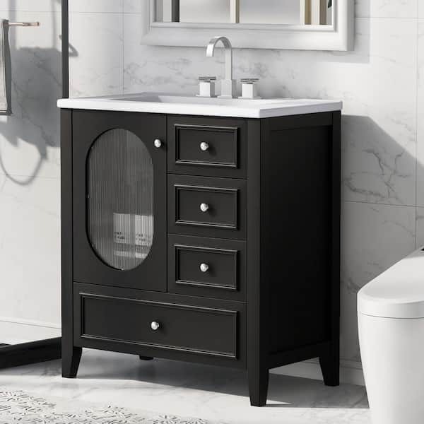 Qidian 30 in. Black Bathroom Vanity Freestanding with Drawers and Door, Solid Wood,Top Ceramic with White Basin