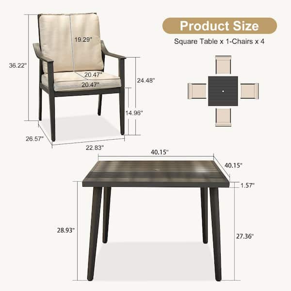 5 Piece Wicker Outdoor Dining Set with 1.57 in. Umbrella Hole and Metal with Square Table and 4 Chairs w/ Cushion, Khaki
