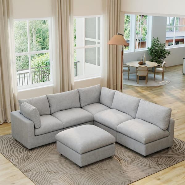 Lawson Living Room Sleeper Bed, Oversized 134 in. Square Arm Chenille Modular Sofa with Ottoman, Detachable Cove in Gray