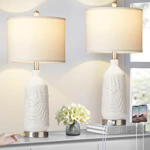 26.8 in. White Ceramic Table Lamp Set with USB and Type-C Ports and Built-In Outlet (Set of 2)