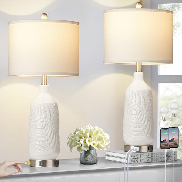 Cinkeda 26.8 in. White Ceramic Table Lamp Set with USB and Type-C Ports ...