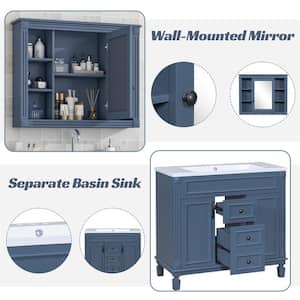 22.24 in. W × 44.69 in. D × 13.39 in. H Bath Vanity White Single Marble Sink Mirror Storage Cabinet 2-Soft Closing Doors