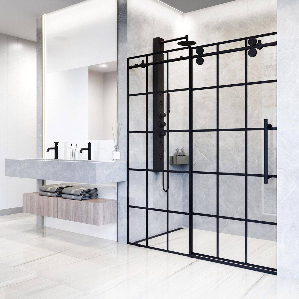 Elan Matte Black Frameless Sliding Shower Door with Clear Grid Glass
