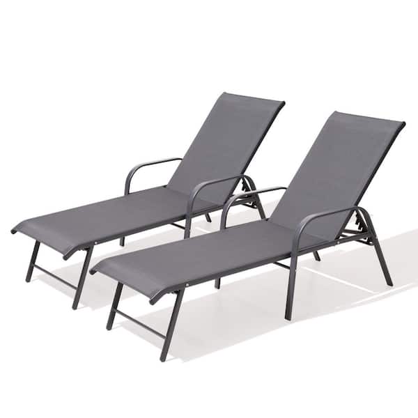 Dark Gray 2-Piece Aluminum Adjustable Outdoor Patio Chaise Lounge in Gray with Armrest