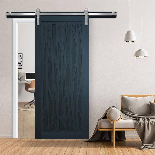 42 in. x 84 in. Howl at the Moon Admiral Wood Sliding Barn Door with Hardware Kit in Black