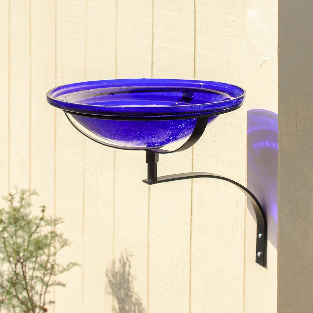Cobalt Blue Crackle Glass Wall-Mounted Birdbath with Iron Bracket
