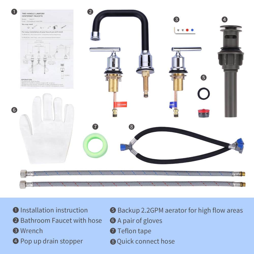 8-Inch Widespread Chrome and Black Stainless Steel Bathroom Faucet
